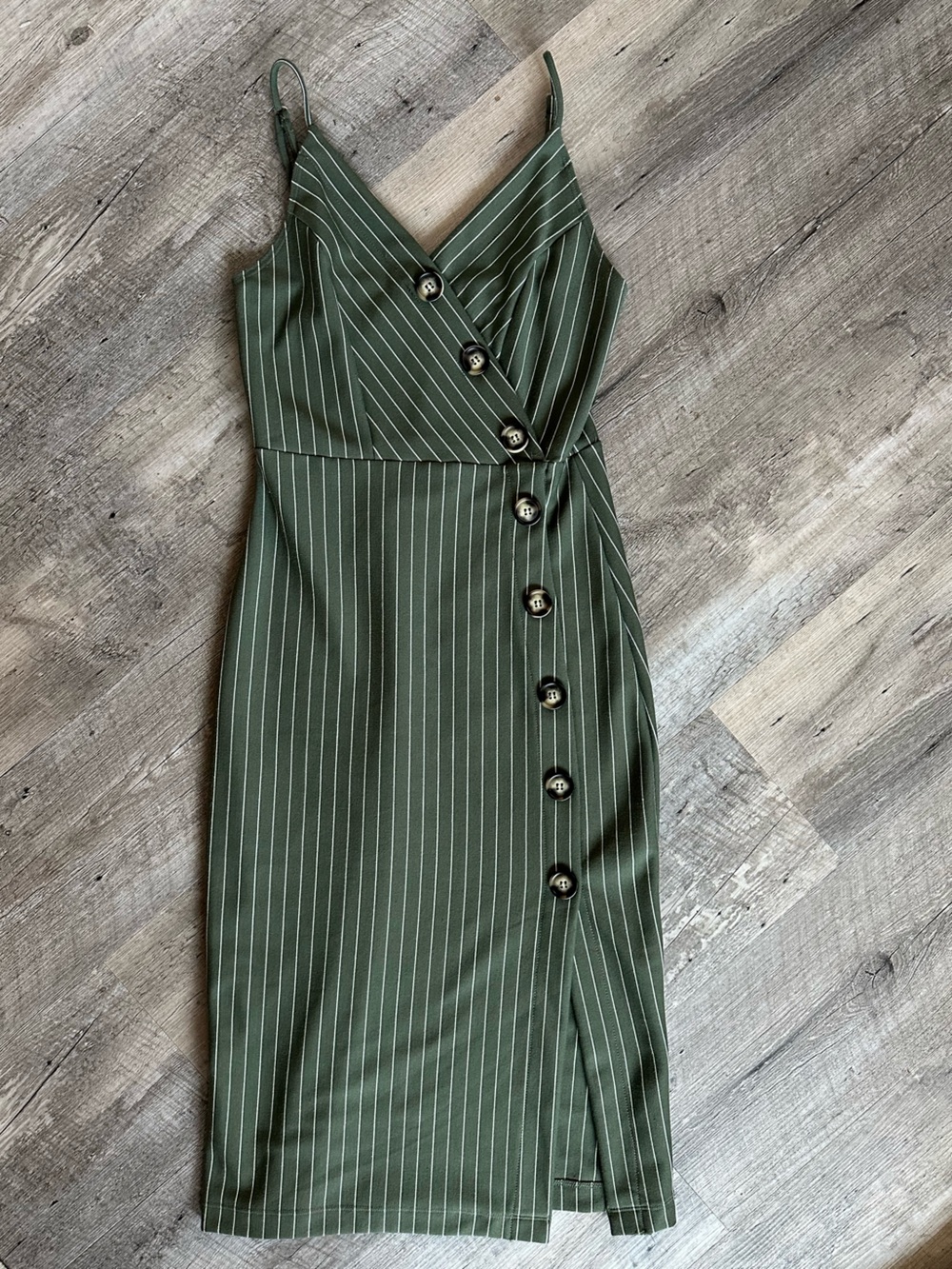 Olive Pinstripe Button-Front Midi Dress